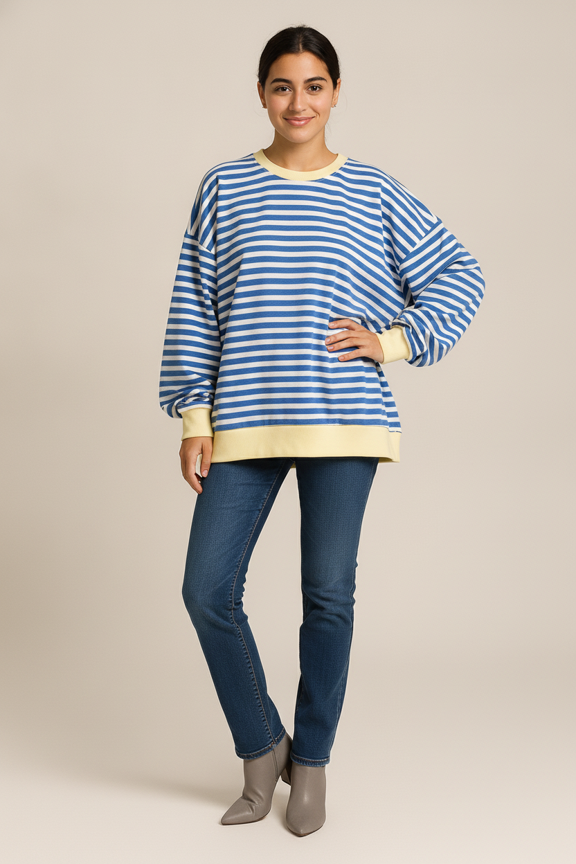 Gestreepte Sweater Dames met Contrastboorden – Oversized Trui — Linde – Blauw – vooraanzicht