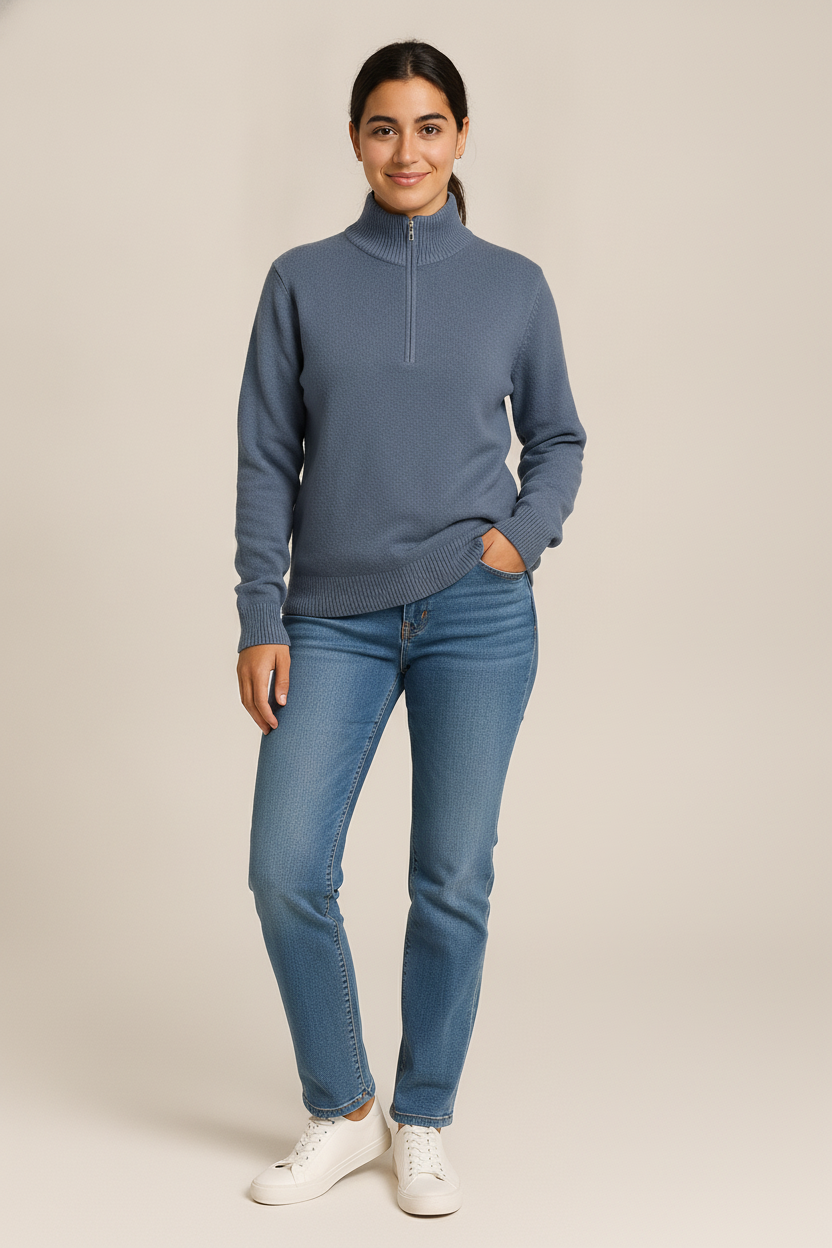 Trui Dames met Halve Rits – Pullover met Kraag — Talara – Blauw – vooraanzicht