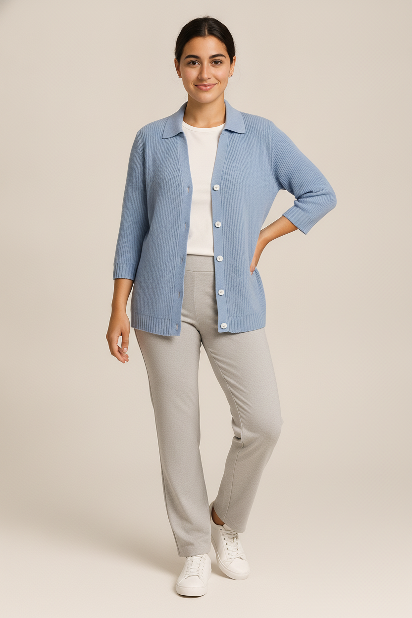 Gebreid Vest Dames met Kraag – Cardigan met Knopen — Naima – Lichtblauw – vooraanzicht