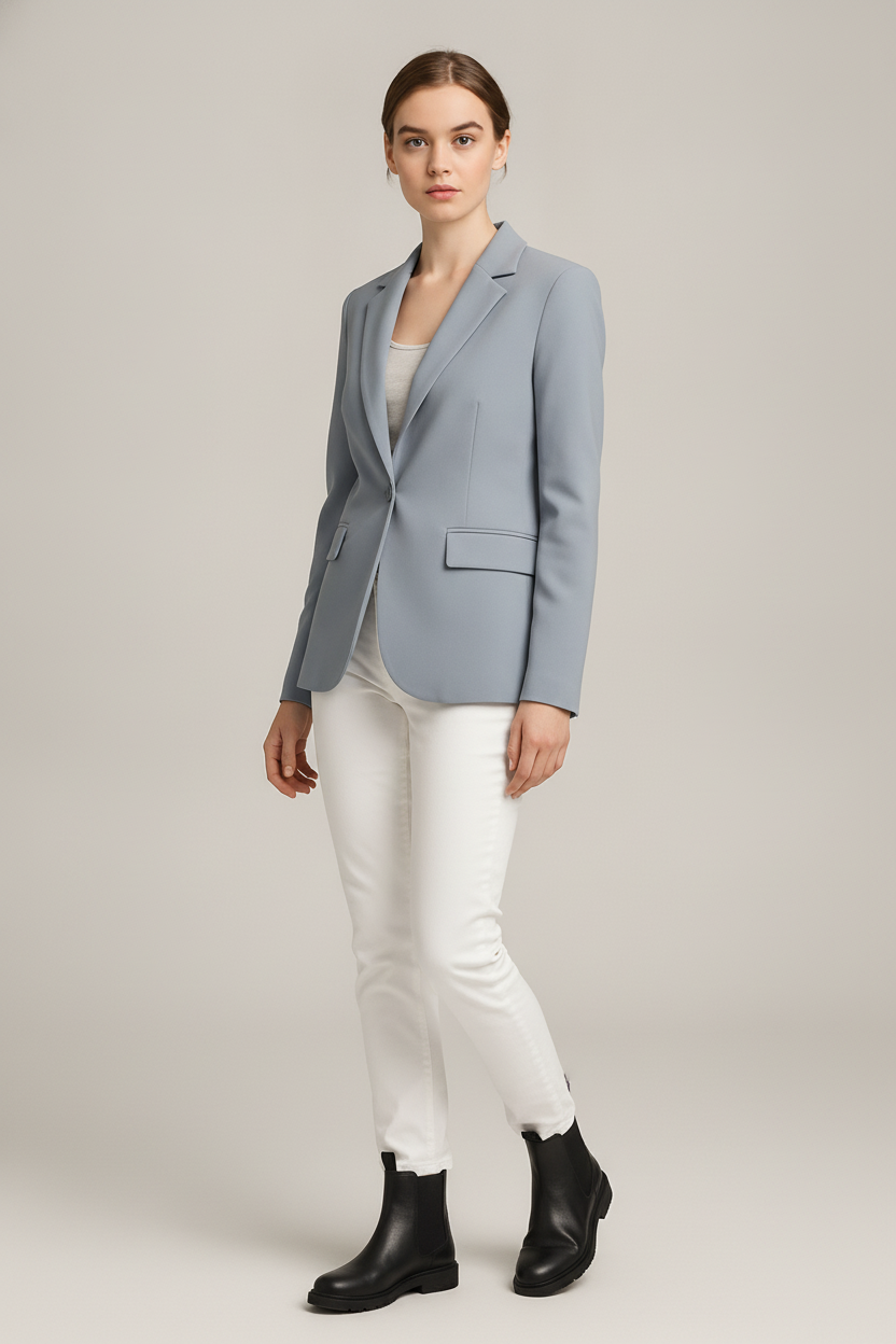 Getailleerde Blazer Dames met Één Knoop – Kort Colbert — Floor – Blauw – vooraanzicht