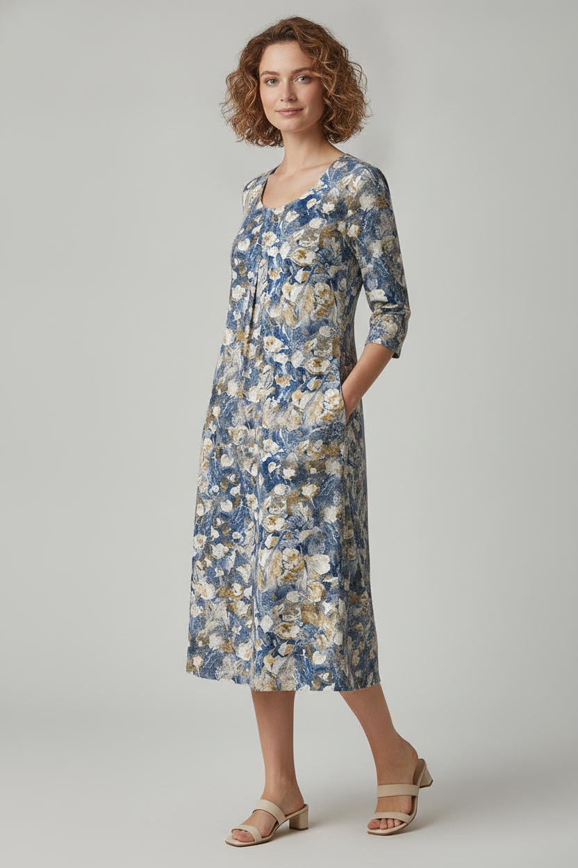 Zomerjurk met Bloemenprint en Driekwart Mouwen | Blauw | Ninon
