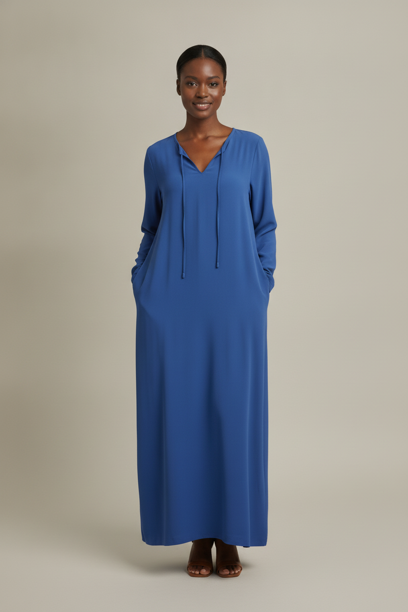 Maxi Jurk Dames met Lange Mouwen – Losvallende V-hals Jurk — Fernanda – Blauw – vooraanzicht