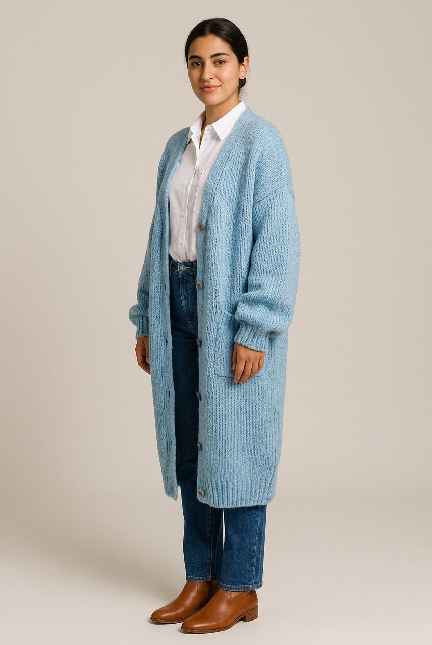 Grofgebreid Lang Vest met Zakken — Ayla – Blauw – zijaanzicht