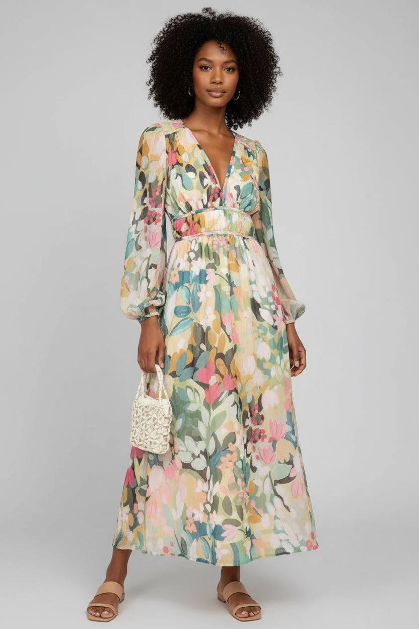 Bloemen Maxi Jurk met V-hals Dames | Lange Mouwen & Bruiloft | Florenza