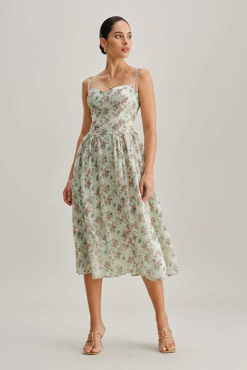 Bloemen Midi Jurk Dames Elegant Decolleté Corset | Thessaly