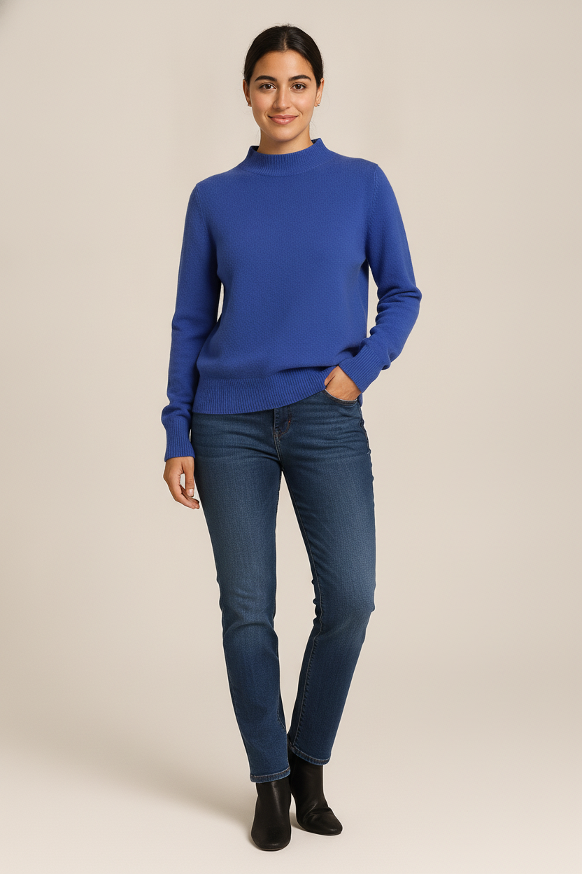 Gebreide Trui Dames met Halve Col – Zachte Basic Pullover — Aluna – Blauw – vooraanzicht