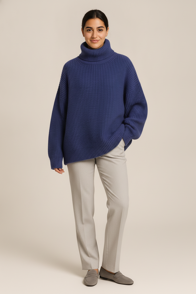 Oversized Coltrui Dames – Gebreide Trui met Hoge Col — Selin – Blauw – vooraanzicht