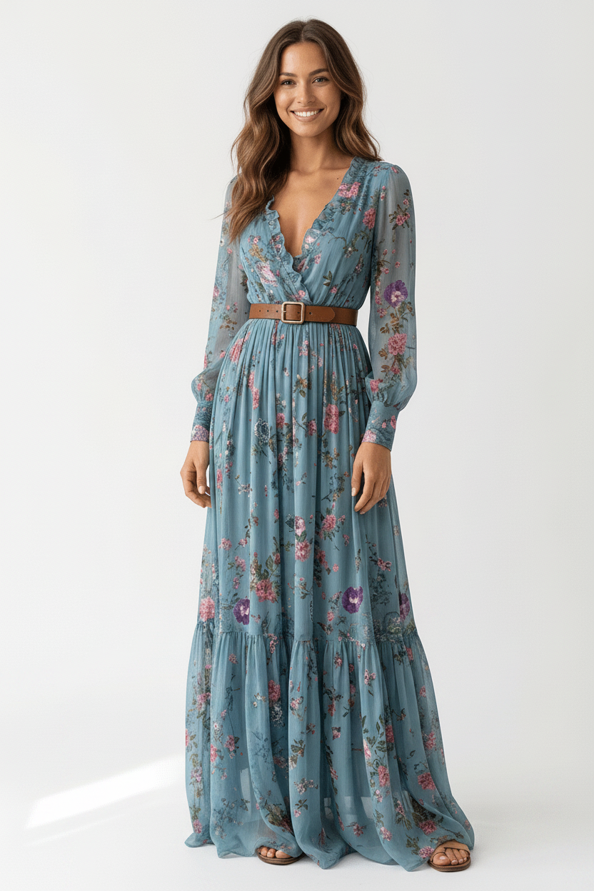 Boho Maxi Jurk Dames Gelaagde Rok Lange Mouwen | Bohème