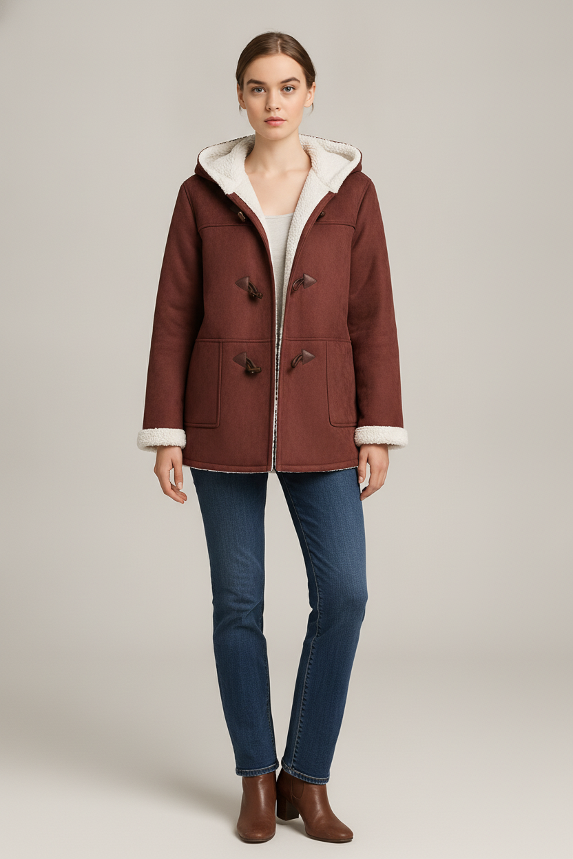Suèdelook Jas met Capuchon en Teddyvoering — Nienke – Bordeaux – vooraanzicht