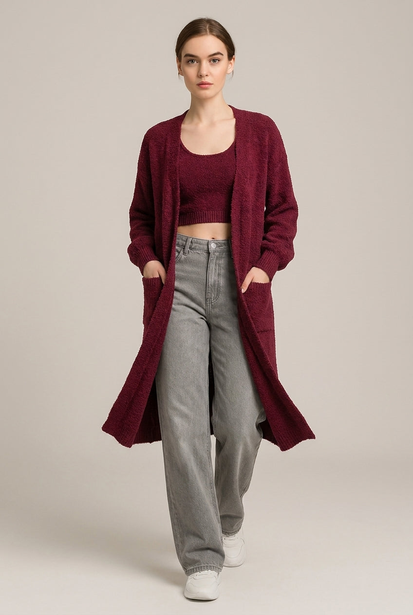 Loungeset Dames 4-Delig – Pluizig Vest, Top, Short en Broek — Tahira – Bordeaux – vooraanzicht