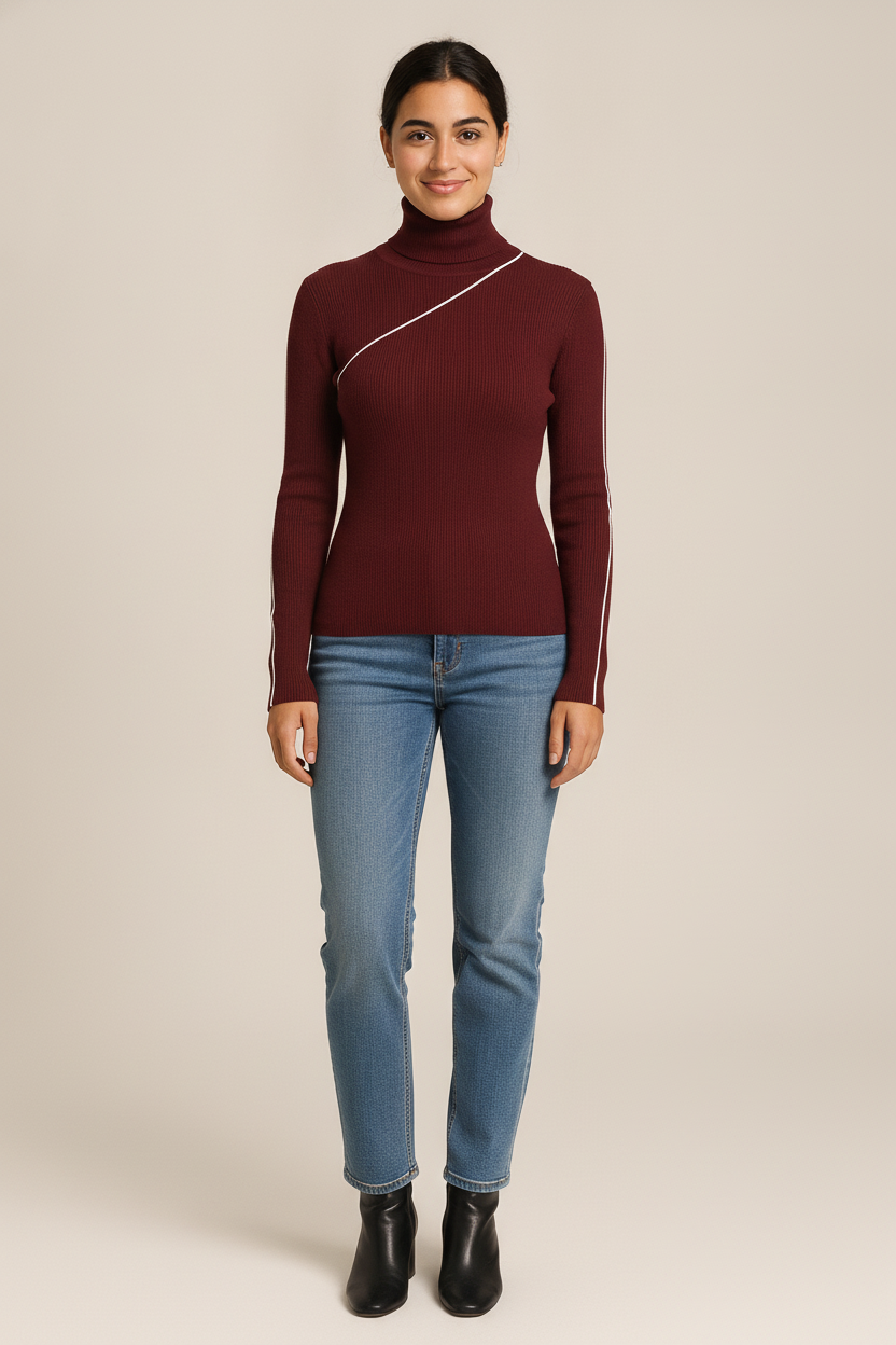 Fijngebreide Slim Fit Coltrui — Zola – Bordeaux – vooraanzicht