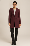 Lange Blazer Mantel Dames – Getailleerde Jas met Revers — Nour – Bordeaux – vooraanzicht