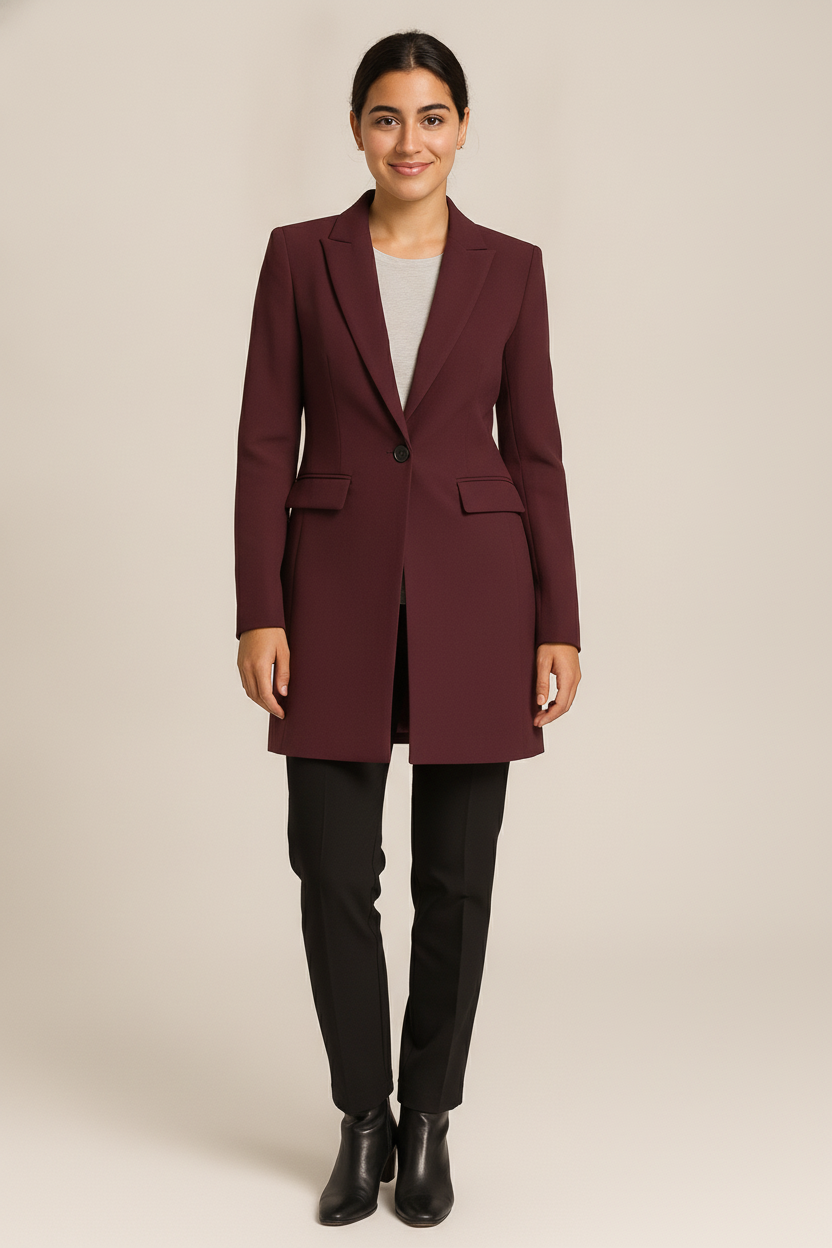 Lange Blazer Mantel Dames – Getailleerde Jas met Revers — Nour – Bordeaux – vooraanzicht