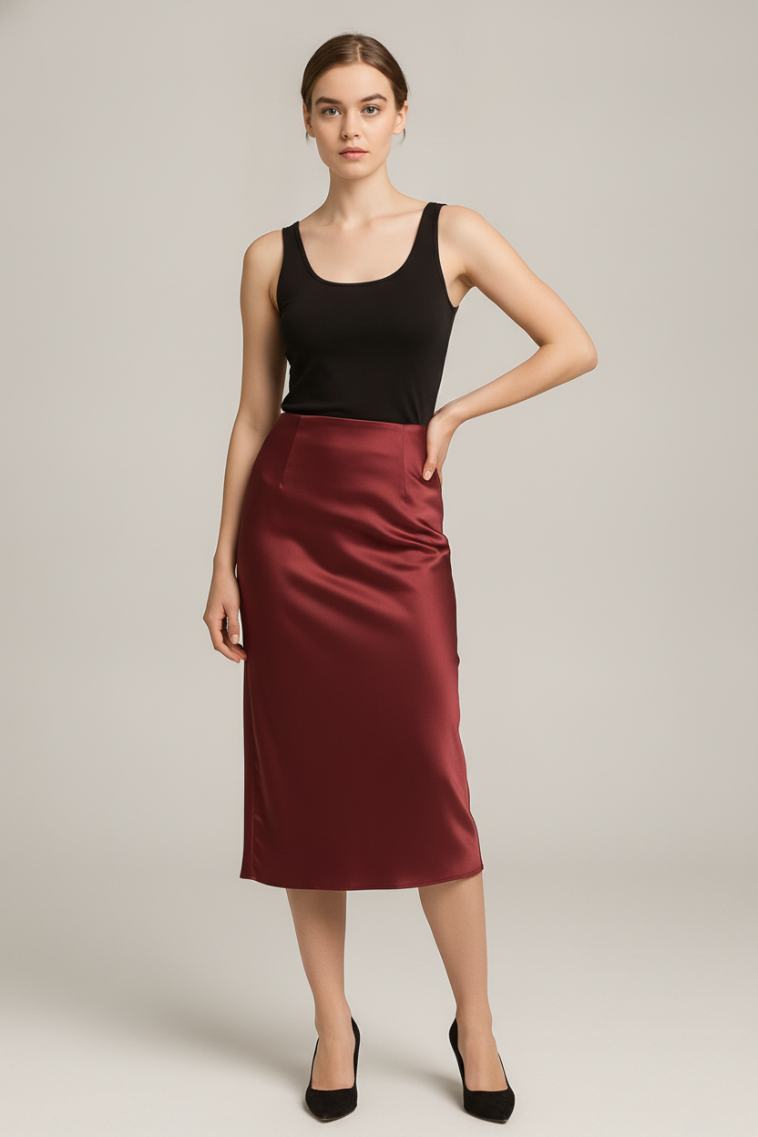 Satijnen Rok Dames Midi – Glanzende Rok met Hoge Taille — Maelle – Bordeaux – vooraanzicht