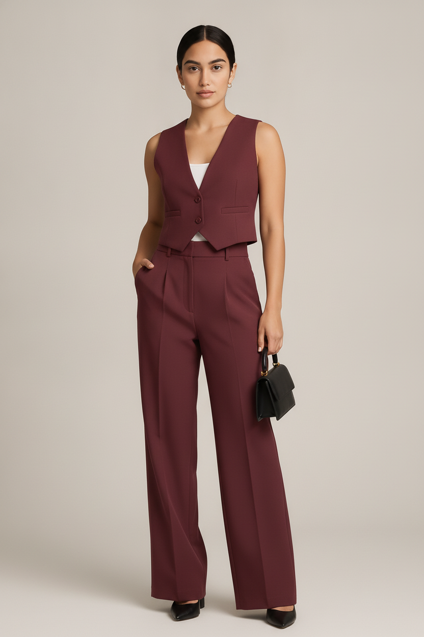 Gilet en Pantalon Set Dames — Naïla – Bordeaux – vooraanzicht