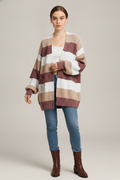 Gestreept Vest Dames – Oversized Gebreide Cardigan — Sefa – Bordeaux – vooraanzicht