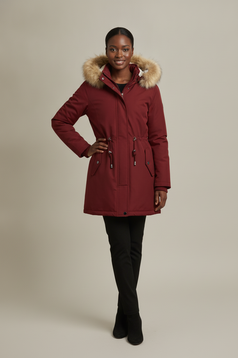 Parka Dames met Bontcapuchon – Gevoerde Winterjas — Alessia – Bordeaux – vooraanzicht