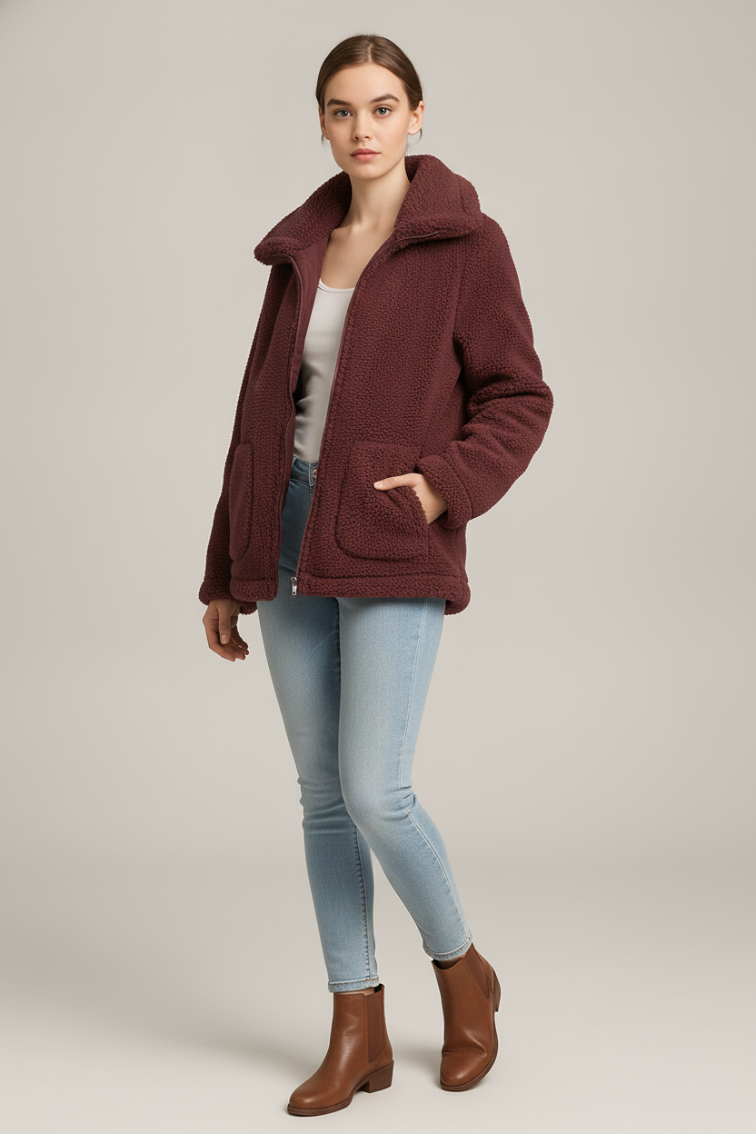 Teddy Jas Dames met Rits – Korte Pluizige Jas — Yolanda – Bordeaux – vooraanzicht