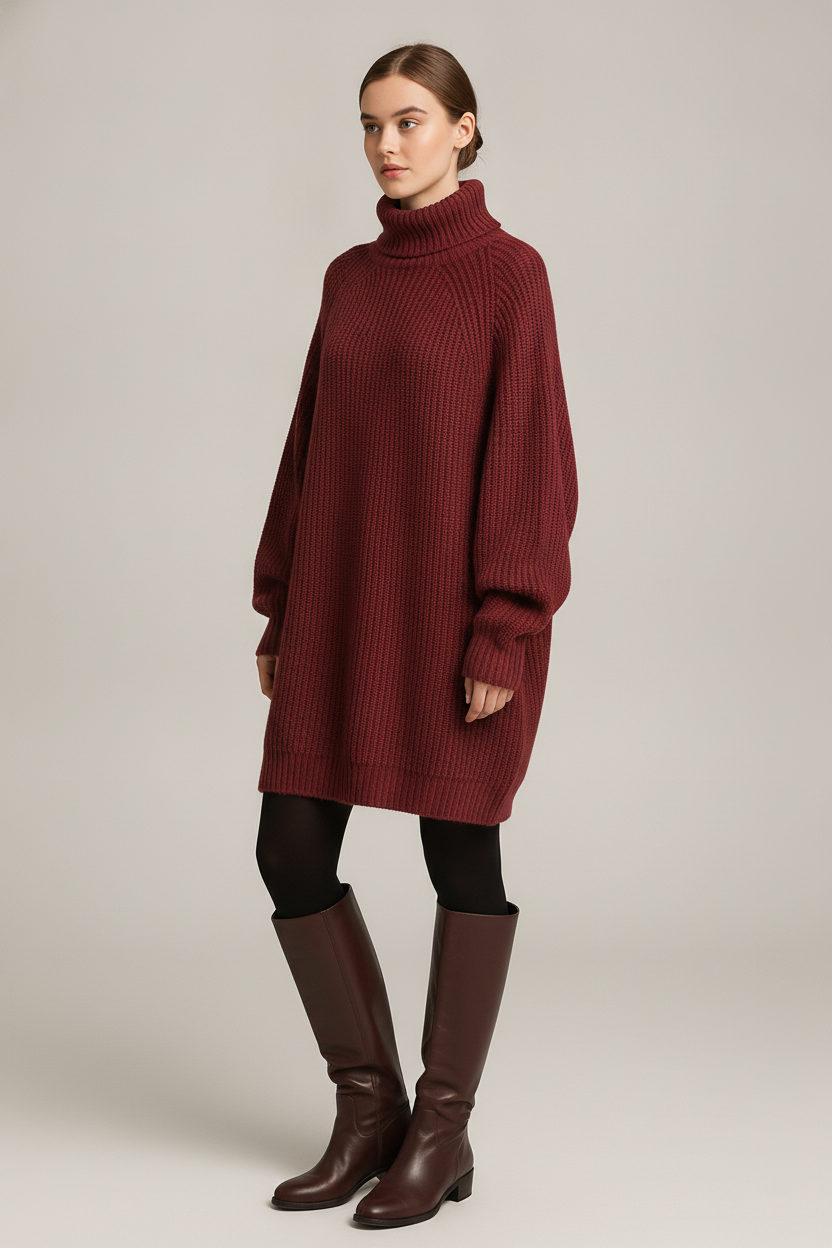 Truijurk Dames met Col – Oversized Ribgebreid — Ysolde – Bordeaux – vooraanzicht