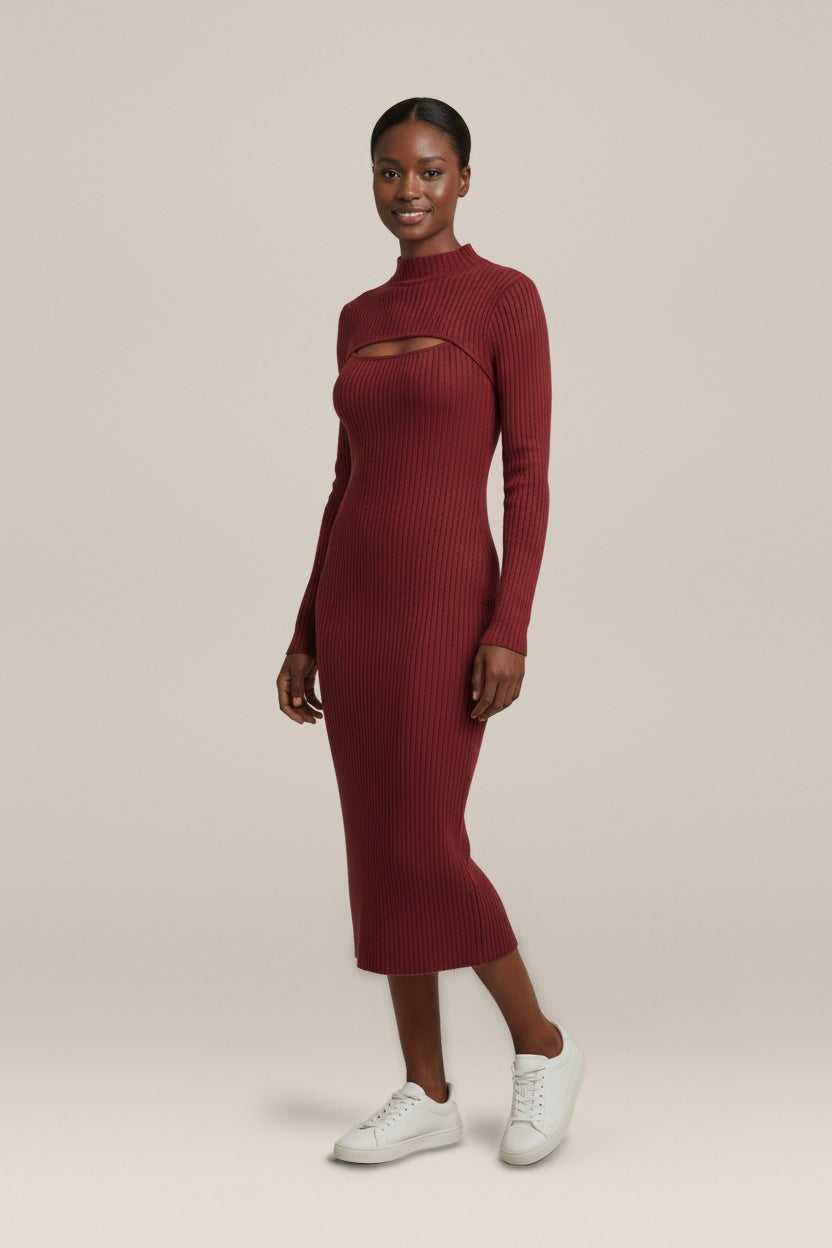 Ribgebreide Jurk Dames met Opstaande Kraag – Midi met Split — Nerine – Bordeaux – vooraanzicht