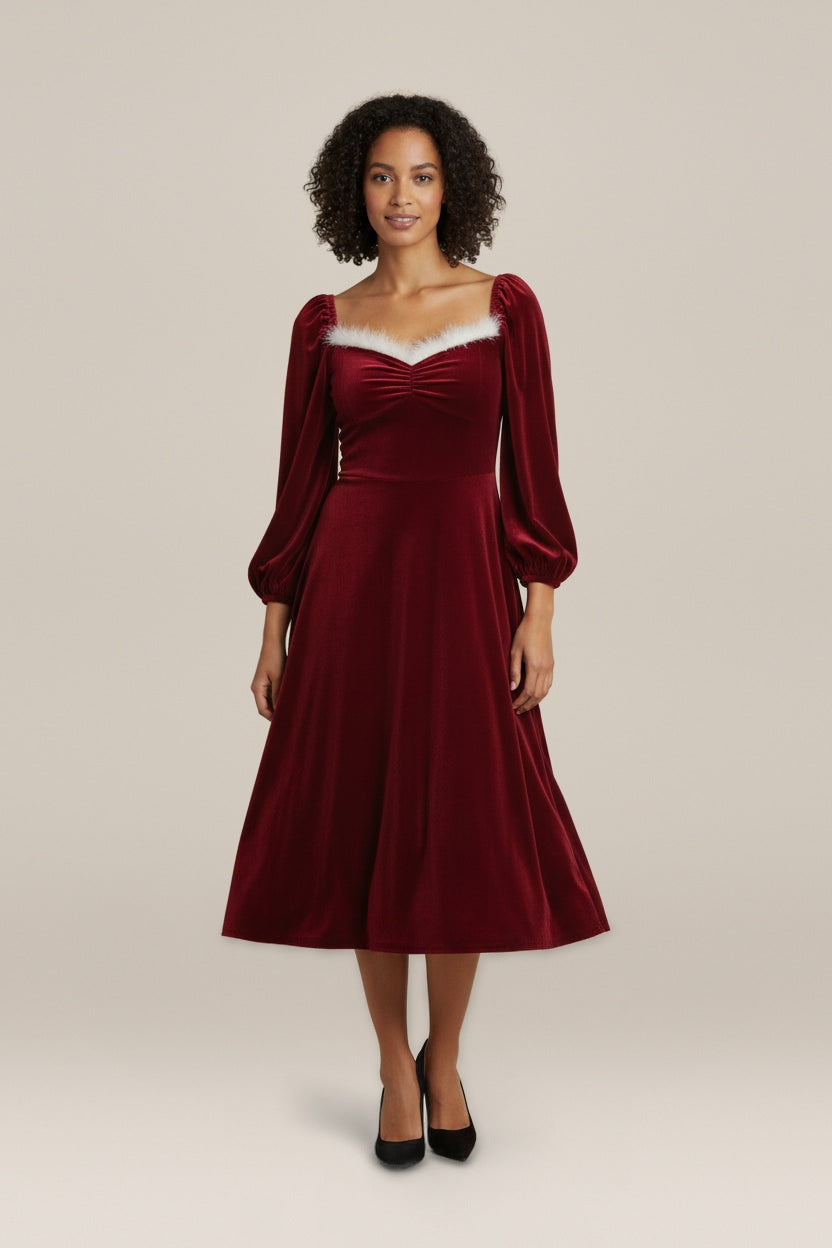 Fluweellook Jurk Dames met Vierkante Hals – Midi Lengte — Corisande – Bordeaux – vooraanzicht