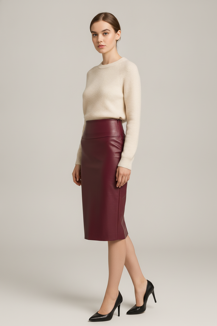 Kokerrok Dames in Leerlook – Midi Lengte met Hoge Taille — Avelina – Bordeaux – vooraanzicht