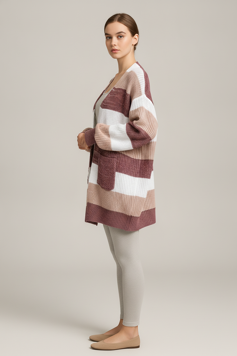 Gestreept Vest Dames – Oversized Gebreide Cardigan — Sefa – Bordeaux – zijaanzicht