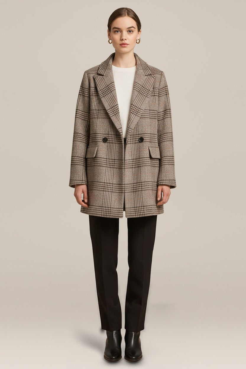 Geruite Jas Dames in Wollook – Double-Breasted Halflang in camel ruit – vooraanzicht