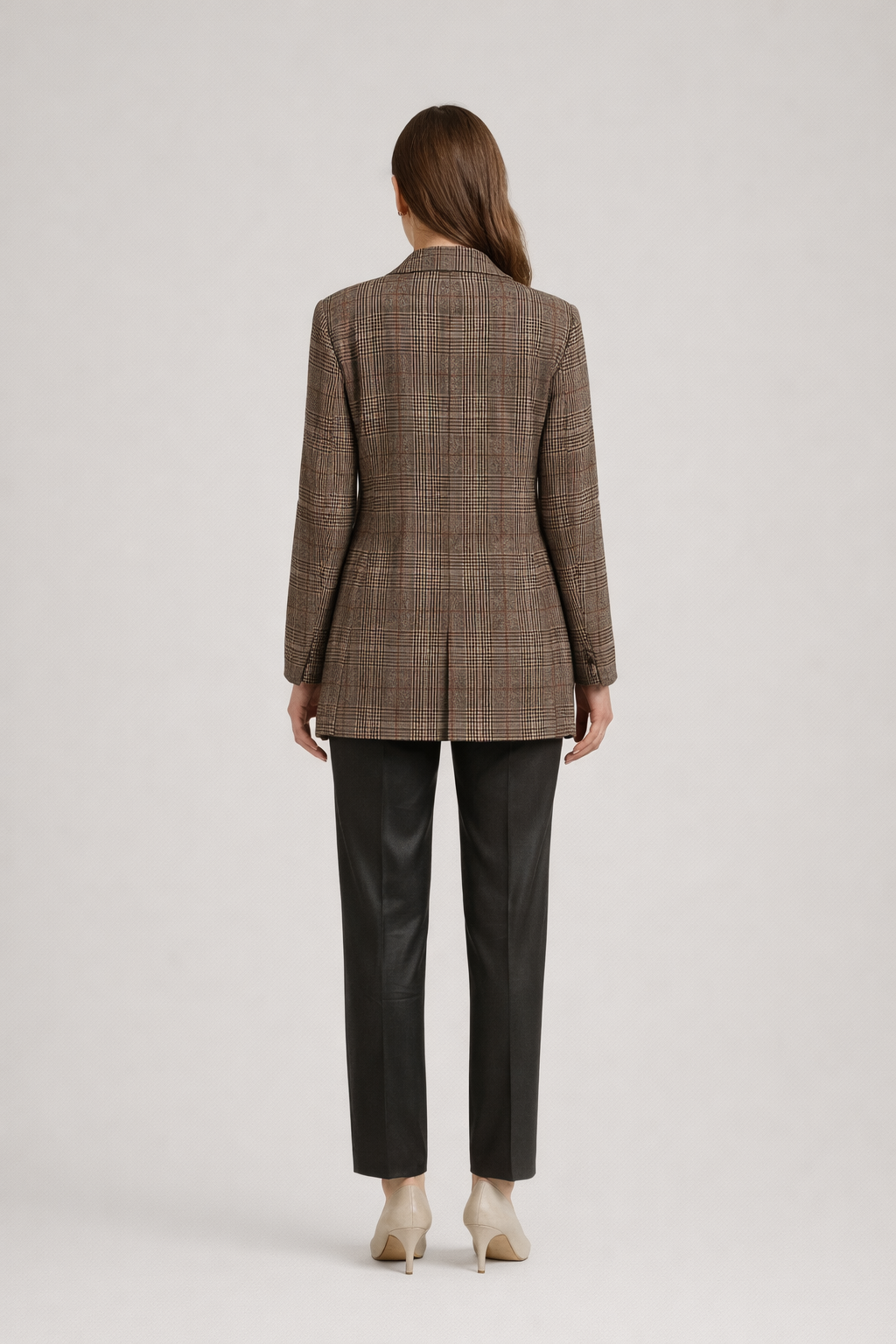 Lange Geruite Blazer met Revers — Vittoria – Bruin – achteraanzicht