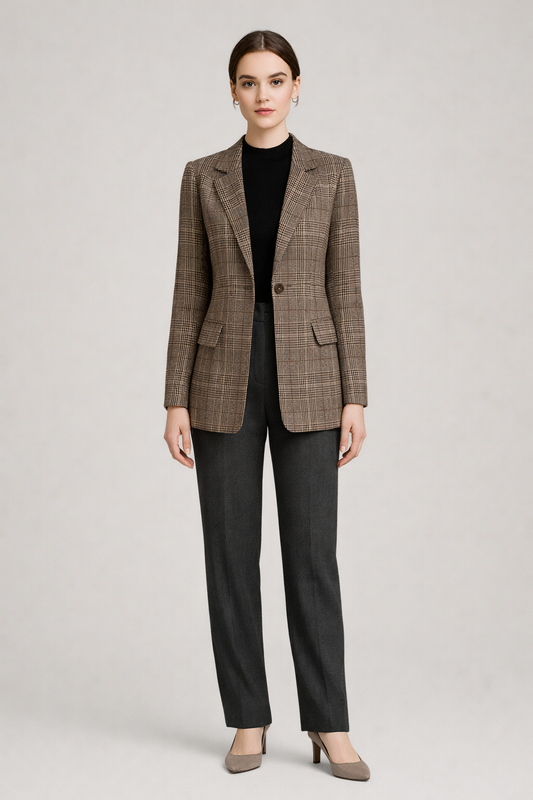 Lange Geruite Blazer met Revers — Vittoria – Bruin – vooraanzicht
