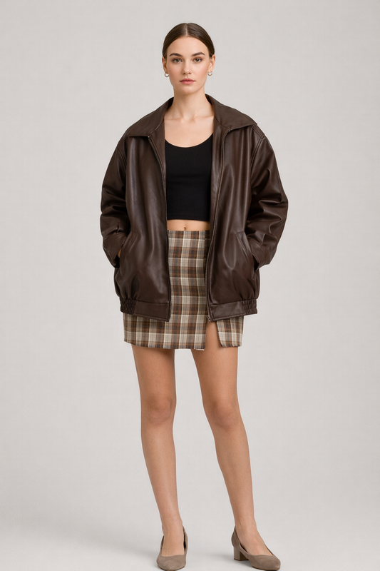Oversized Bomber met Leerlook en Rits — Marisol – Bruin – vooraanzicht