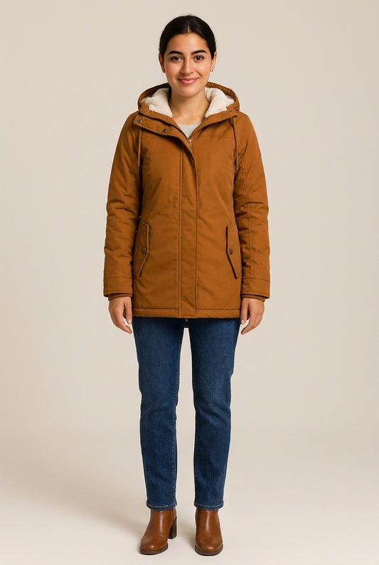 Winterjas met Capuchon en Bontrand — Puck – Bruin – vooraanzicht