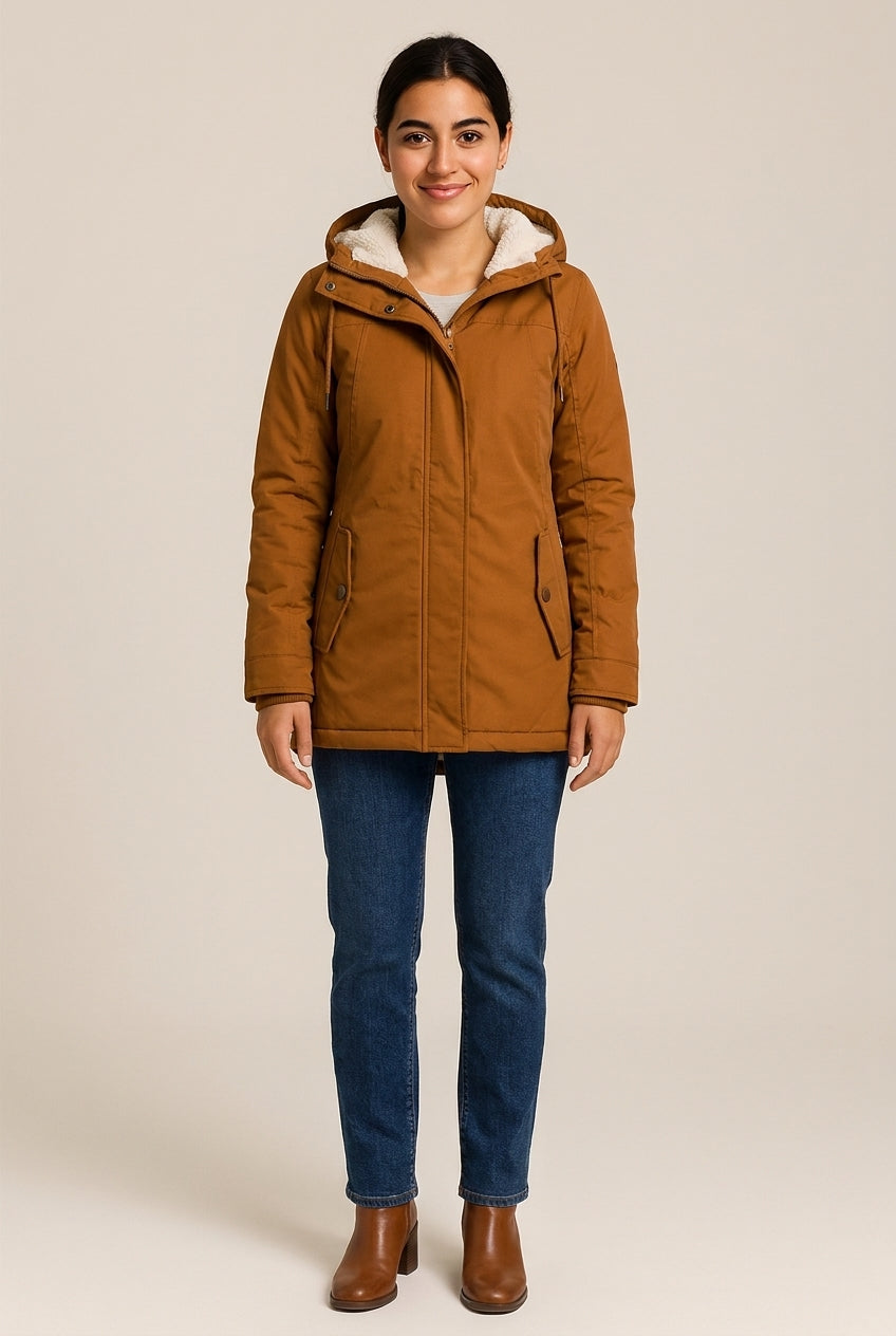 Winterjas met Capuchon en Bontrand — Puck – Bruin – vooraanzicht