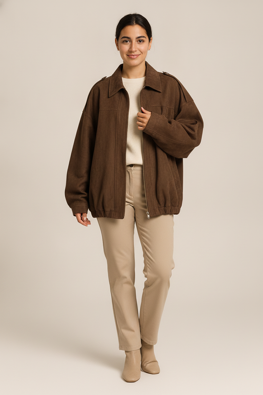 Oversized Suedelook Jas — Zarina – Bruin – vooraanzicht