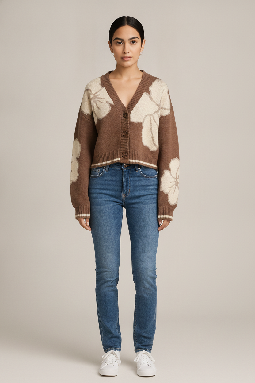 Gebreid Vest Dames met Bloemen – Korte Jacquard Cardigan — Liv – Bruin – vooraanzicht