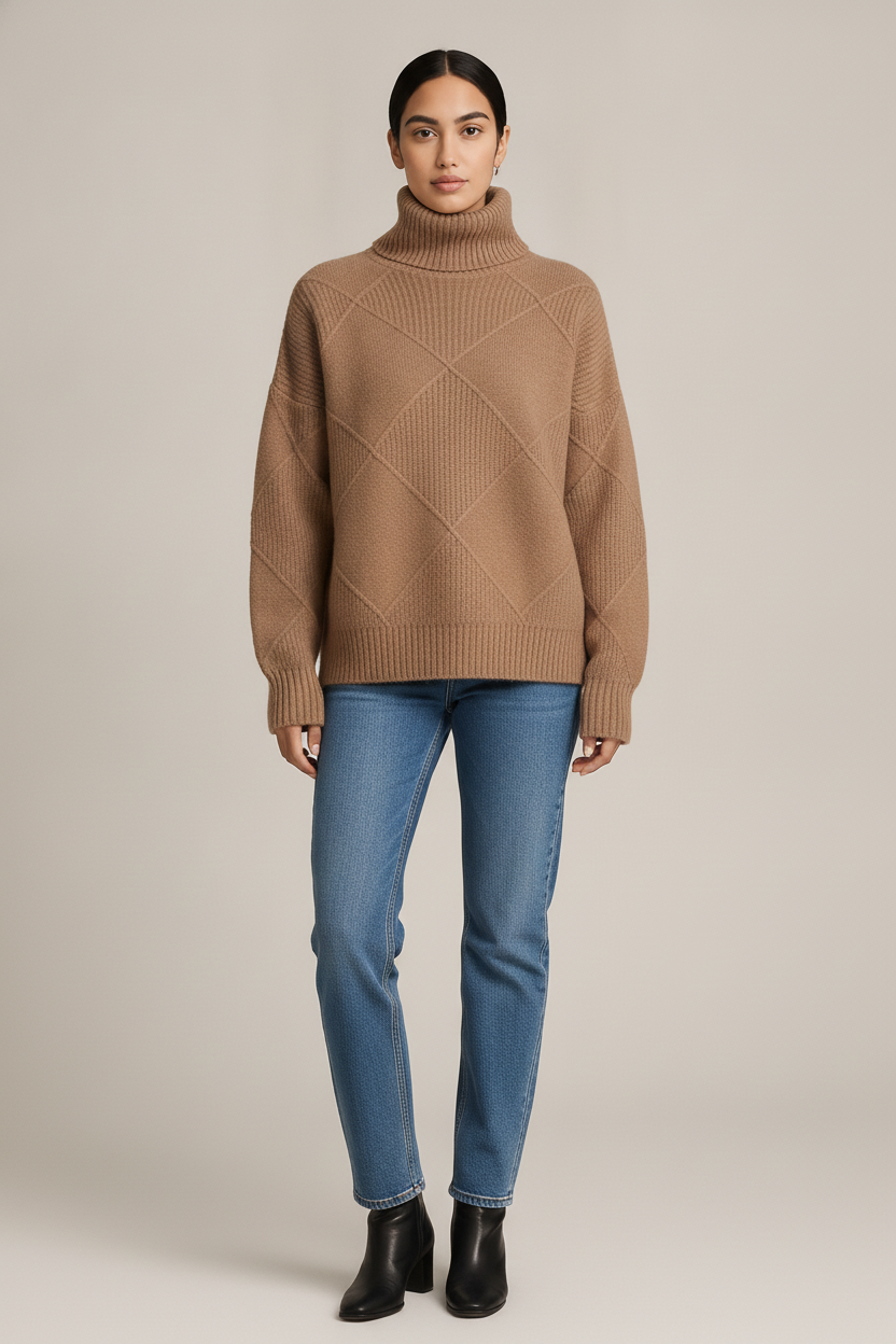 Coltrui Dames met Ruitpatroon – Oversized Gebreide Trui — Cassia – Bruin – vooraanzicht