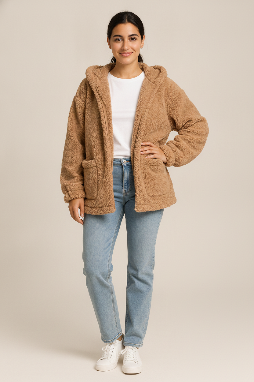 Teddy Jas Dames met Capuchon – Zacht Open Jack — Jara – Bruin – vooraanzicht