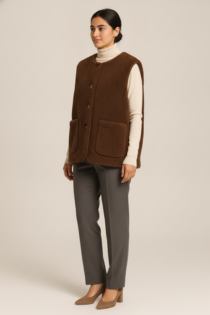 Teddy Gilet Dames met Knopen – Zachte Bodywarmer — Esmée – Bruin – vooraanzicht