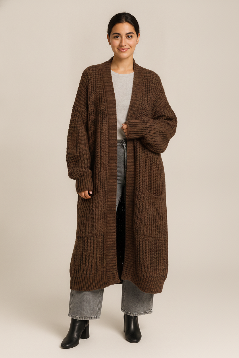 Lang Vest Dames met Zakken – Grofgebreide Cardigan — Ilvy – Bruin – vooraanzicht