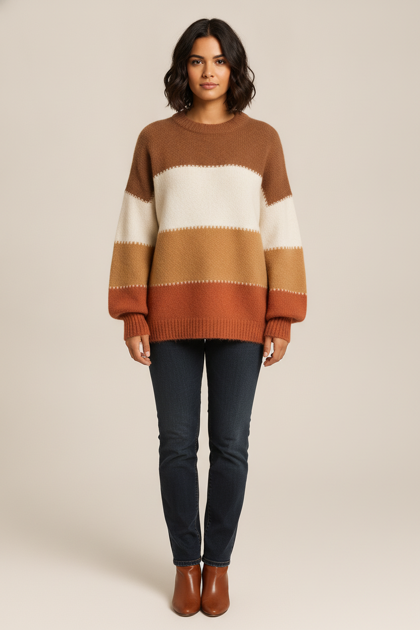 Gestreepte Trui Dames – Gebreide Colorblock Pullover — Ottavia – Bruin – vooraanzicht