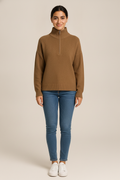 Trui Dames met Halve Rits – Pullover met Kraag — Talara – Bruin – vooraanzicht