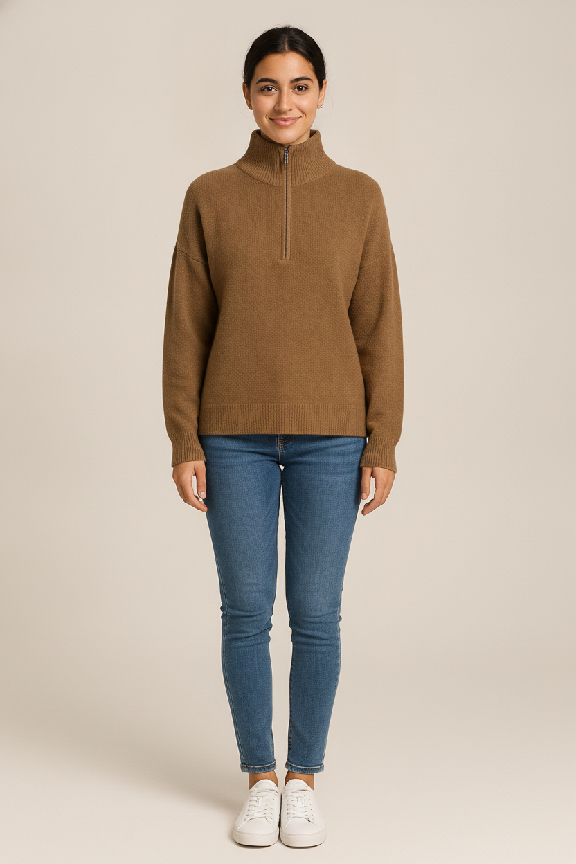 Trui Dames met Halve Rits – Pullover met Kraag — Talara – Bruin – vooraanzicht