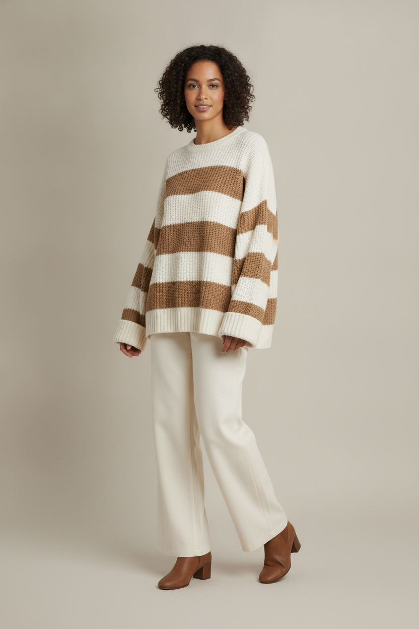 Gestreepte Trui Dames – Oversized Gebreide Trui met Ronde Hals — Kalea – Bruin – vooraanzicht