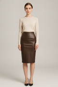 Kokerrok Dames in Leerlook – Midi Lengte met Hoge Taille — Avelina – Bruin – vooraanzicht