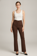 Pantalon Dames met Hoge Taille – Rechte Pijp met Gesp — Isaline – Bruin – vooraanzicht