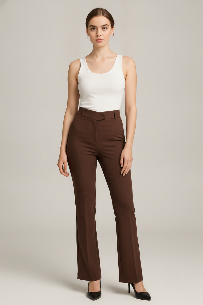 Pantalon Dames met Hoge Taille – Rechte Pijp met Gesp — Isaline – Bruin – vooraanzicht