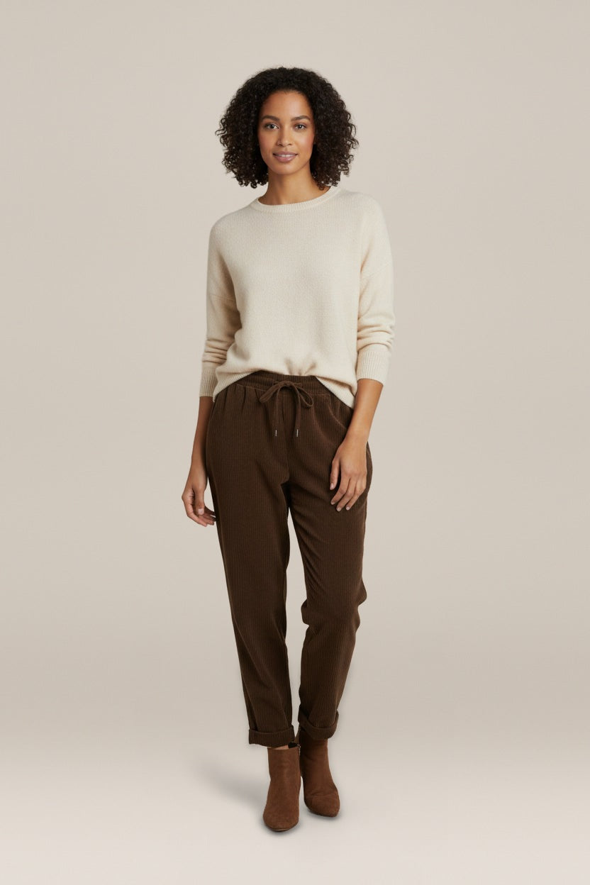 Ribcord Broek Dames met Elastische Taille – Los Model — Ameline – Bruin – vooraanzicht