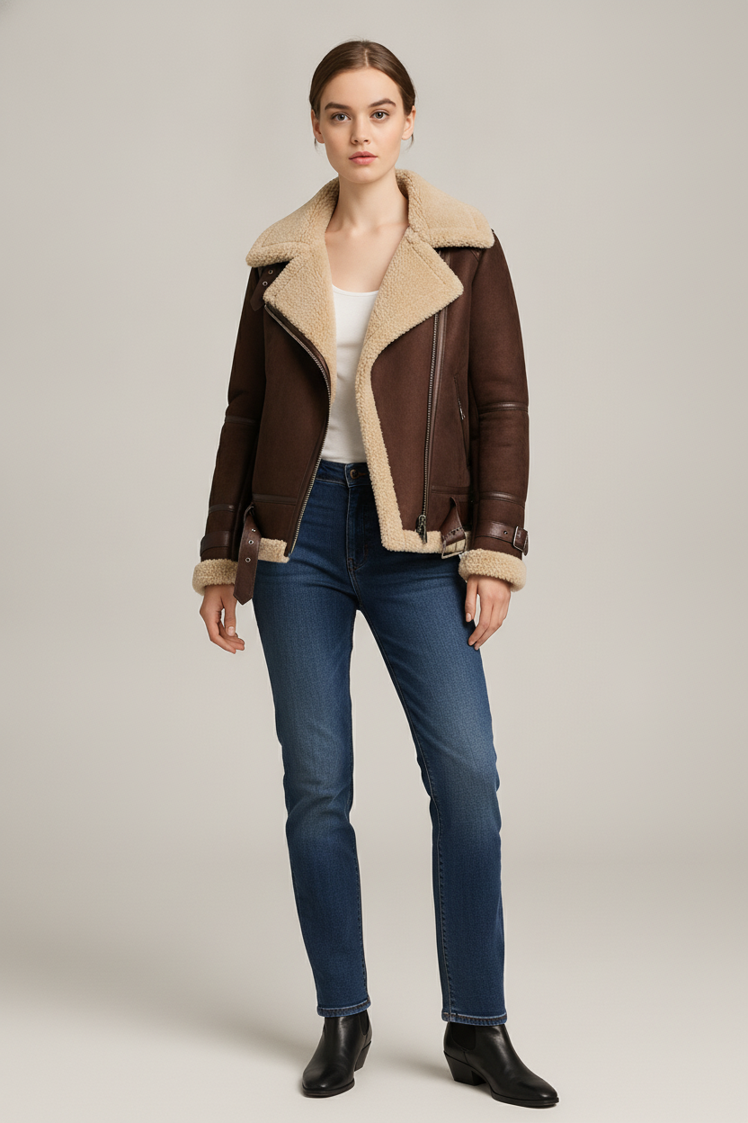 Aviator Jas Dames met Imitatiebont Kraag – Suèdelook — Astrid – Bruin – vooraanzicht
