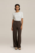 Pantalon Dames met Wijde Pijp – Hoge Taille en Plooien — Mirthe – Bruin – vooraanzicht