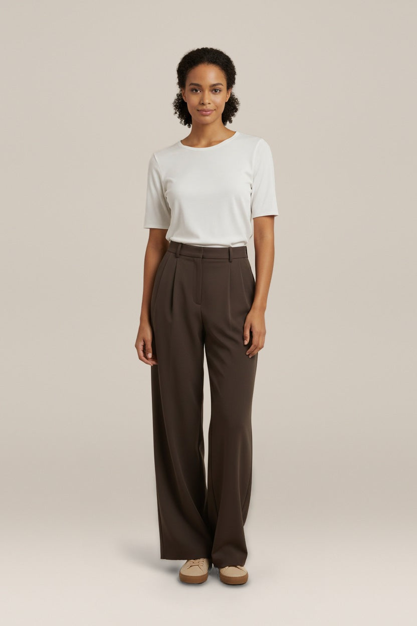 Pantalon Dames met Wijde Pijp – Hoge Taille en Plooien — Mirthe – Bruin – vooraanzicht
